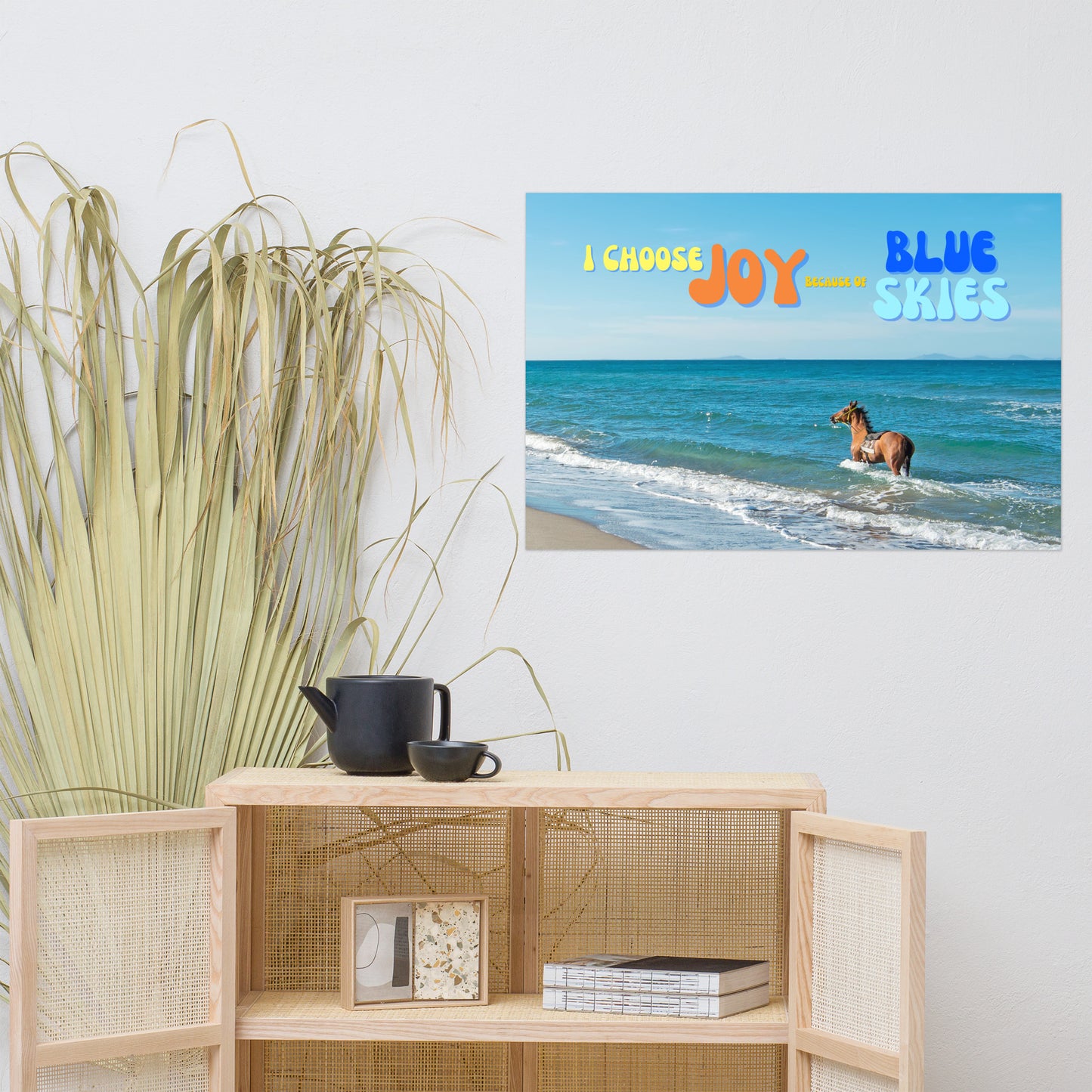 Buckskin Horse Poster — Ocean, Sky & "Choose Joy" Quote