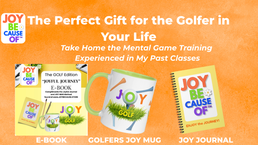 Orange banner ad with the E-book Golf Edition Bundle featuring the e-book, mug, and journal