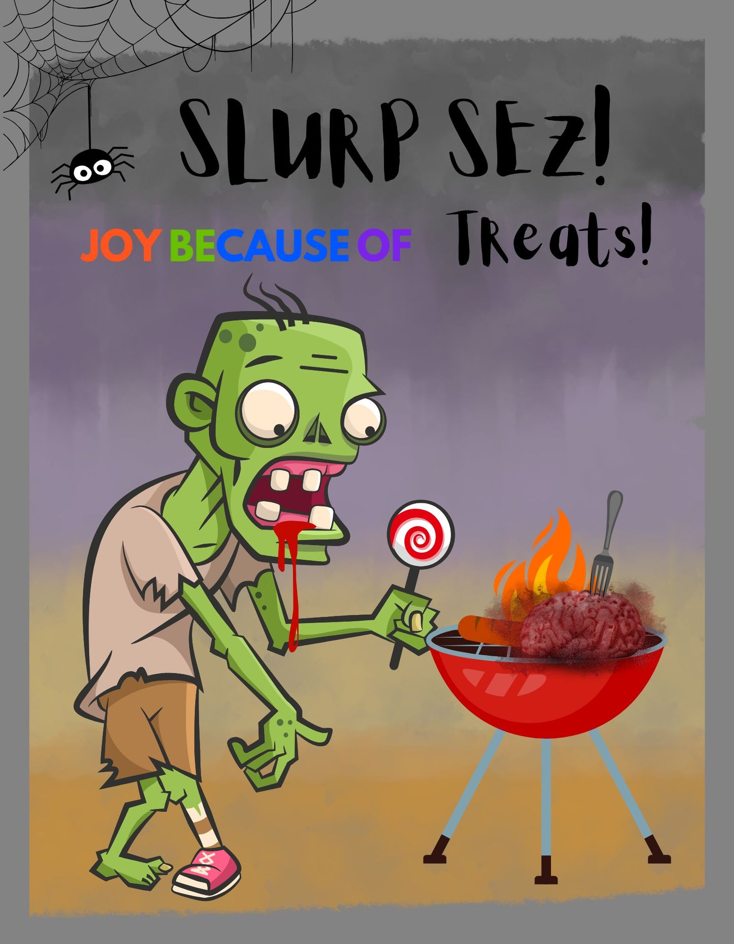 Cartoon zombie cooking on a grill with Halloween-themed text and graphics.