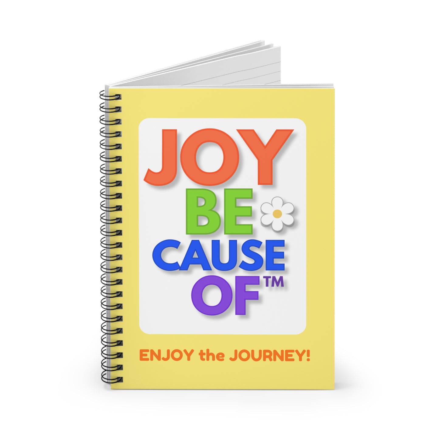 Joyful notebook with colorful text design on a white and yellow background
