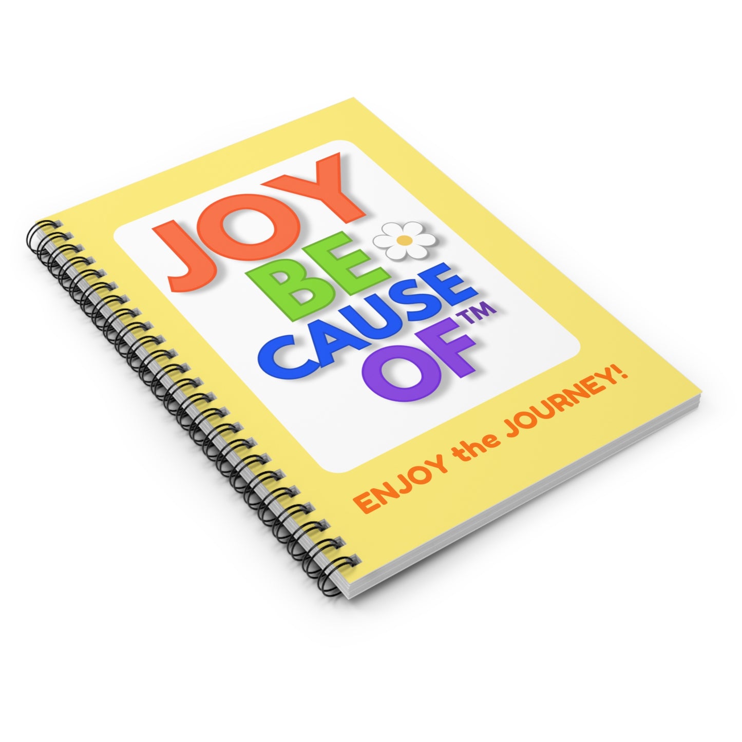 Notebook with joyful, colorful text on a white background