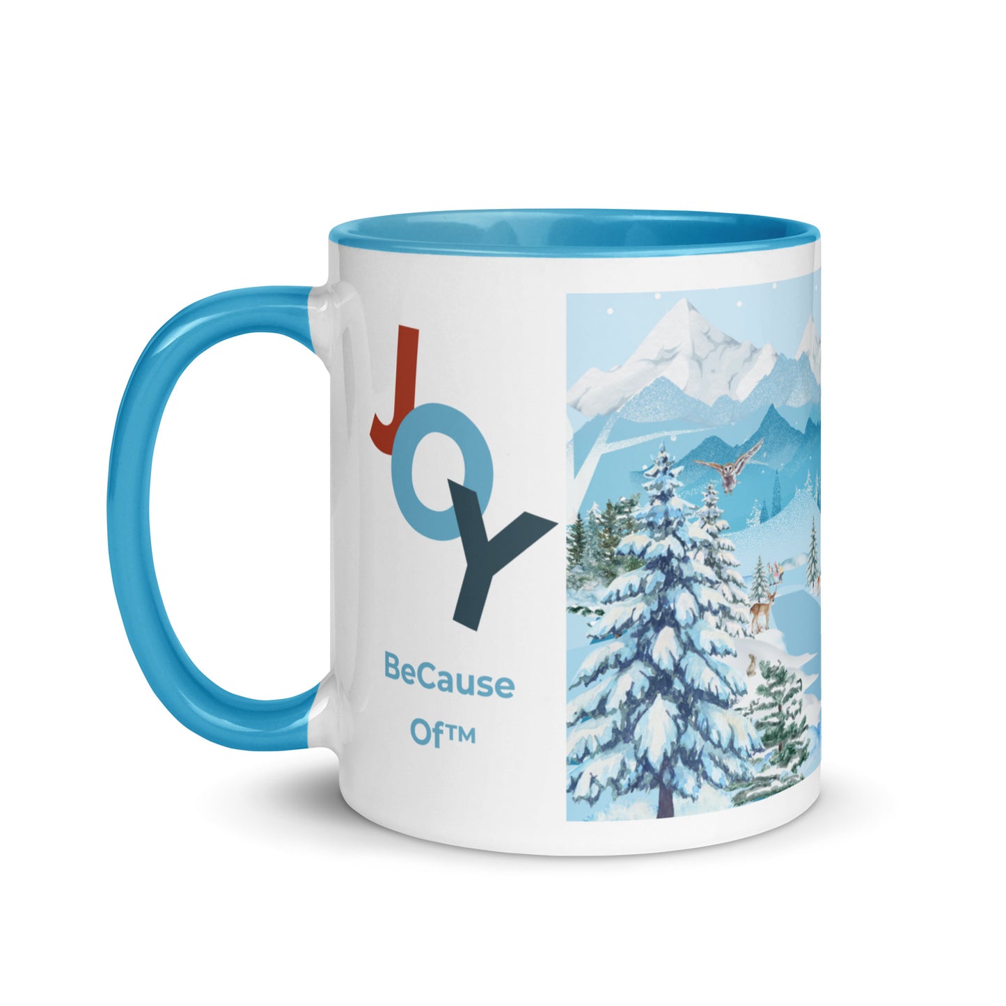 Mug with 'JOY Because Of' text and winter scene on a white background