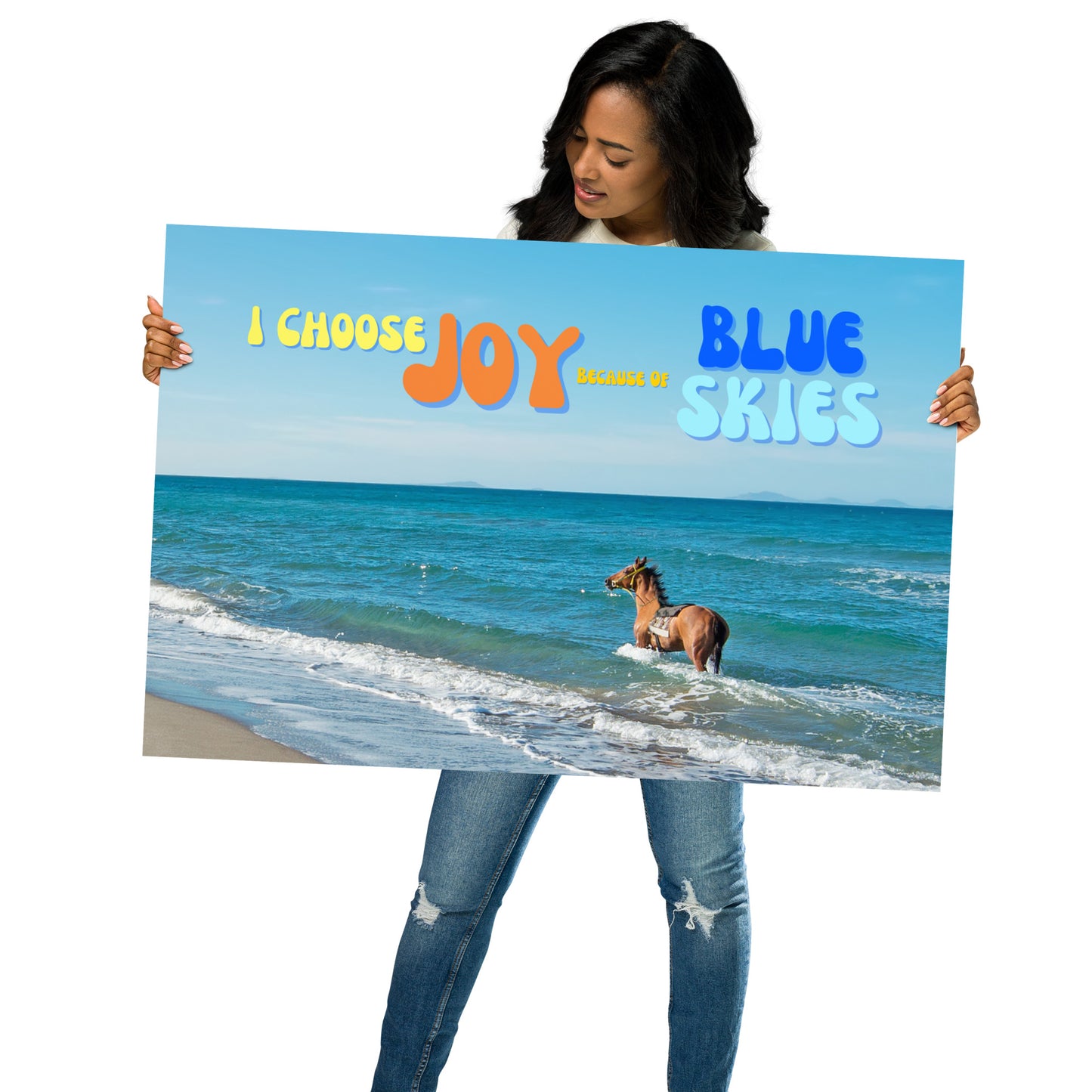 Buckskin Horse Poster — Ocean, Sky & "Choose Joy" Quote