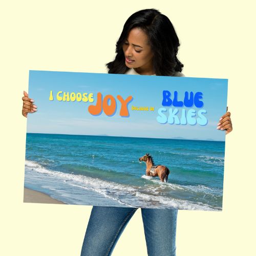 Buckskin Horse Poster — Ocean, Sky & "Choose Joy" Quote