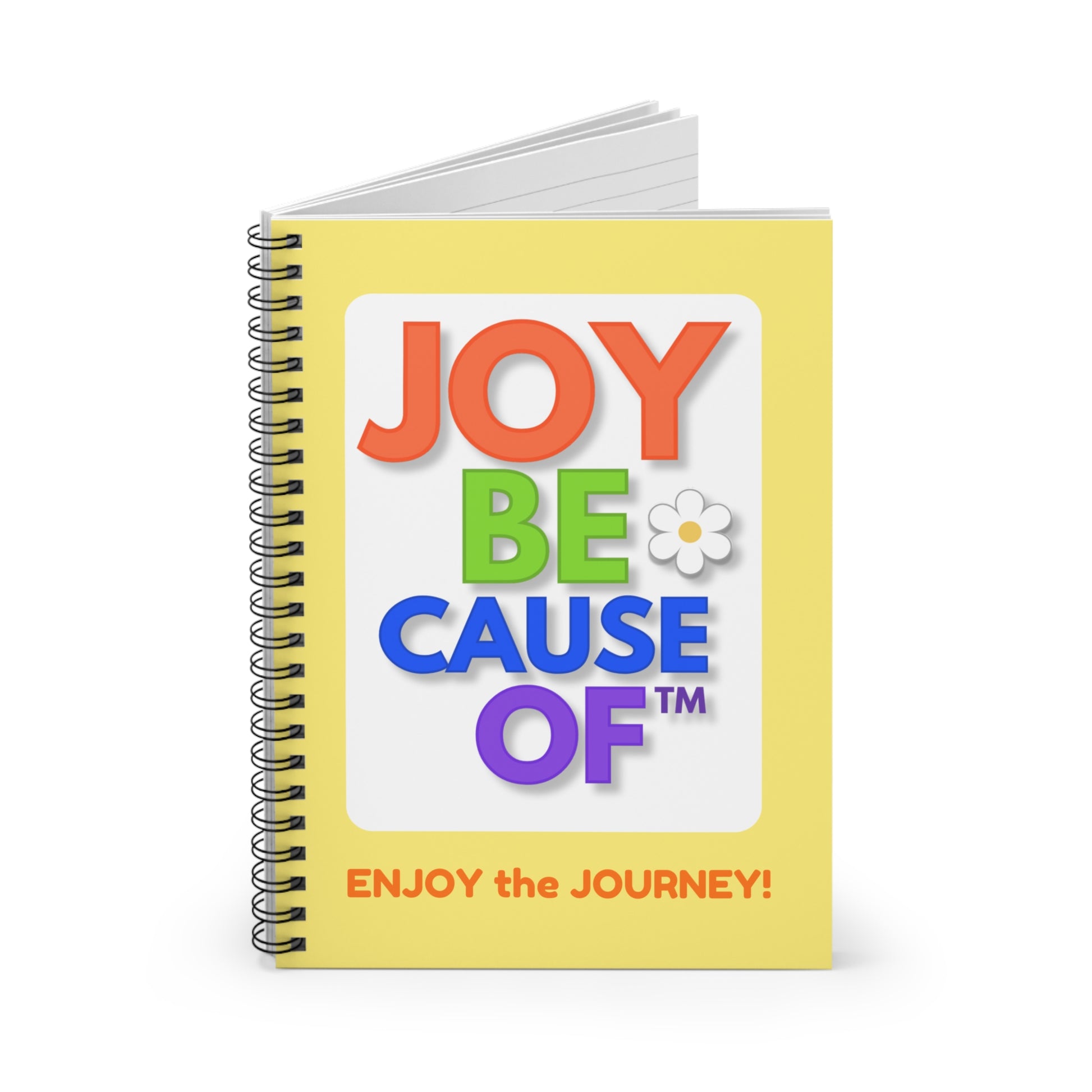 Joyful notebook with colorful text design on a white and yellow background