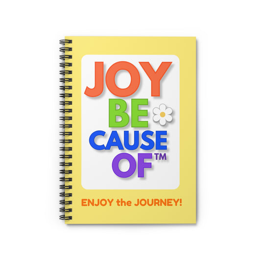 Notebook with Joyful message in colorful text, flower graphic, and a yellow background