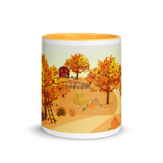 Mug with a fall-themed design featuring trees, pumpkins, and a barn on a white background.