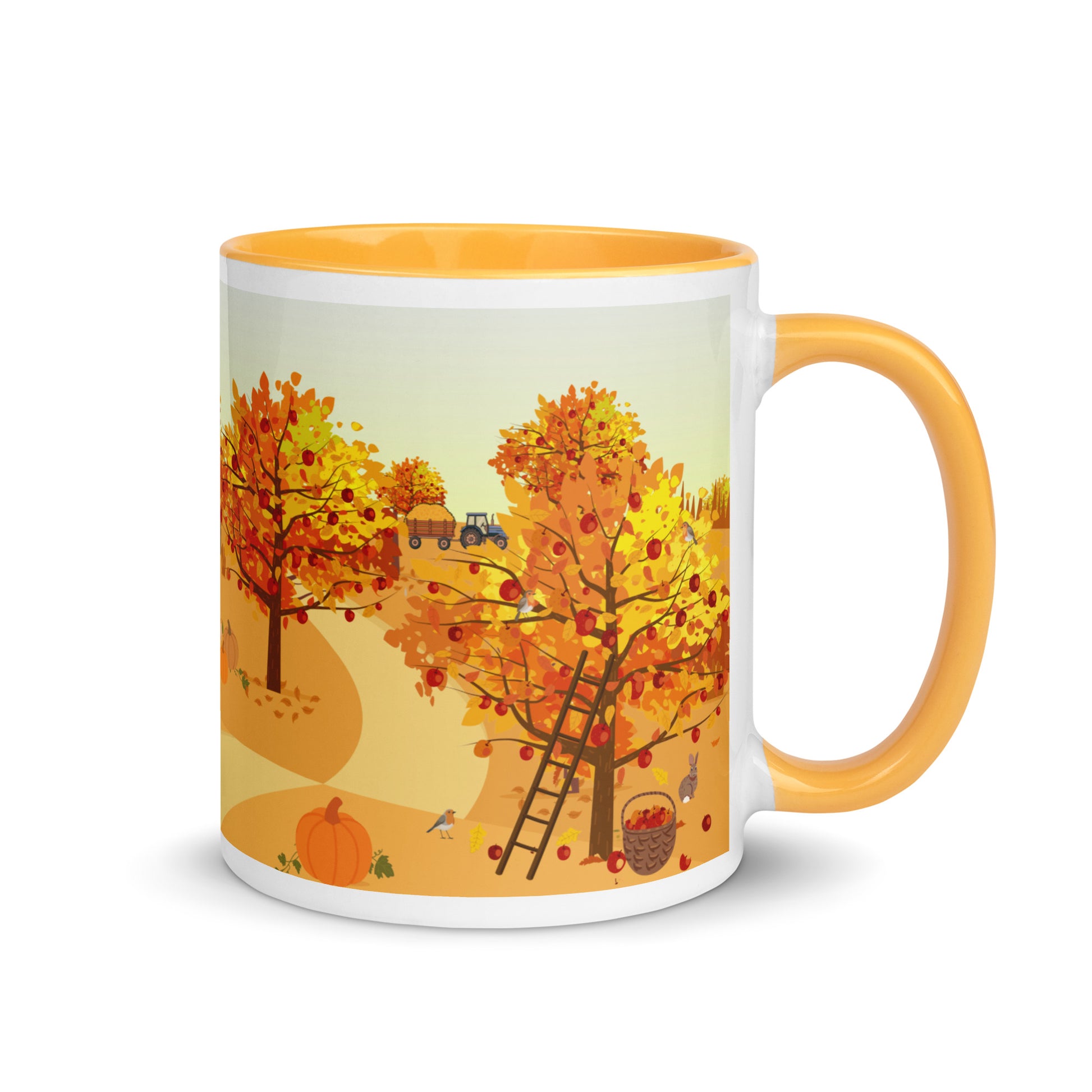 Mug with autumn-themed design featuring trees, pumpkins, and a ladder on a white background.