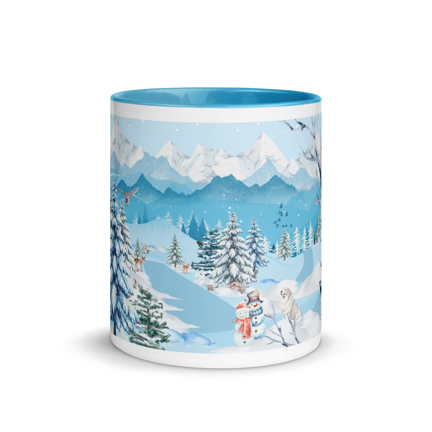 Mug with a winter scene design featuring snowmen and trees on a white background