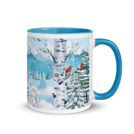 A beautifully designed coffee mug featuring an outdoor winter scene rich with symbolism of winter days.