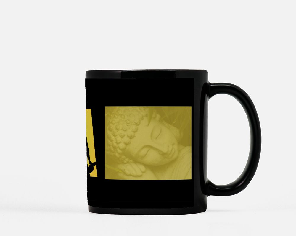 Black mug with a gold design on a white background