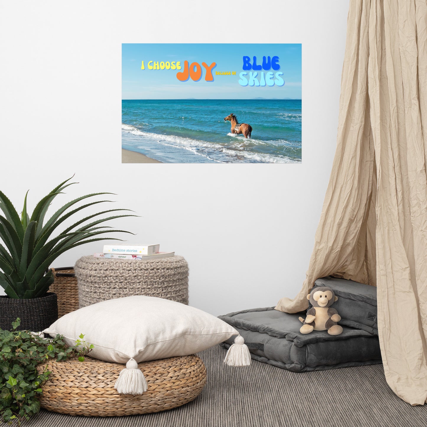 Buckskin Horse Poster — Ocean, Sky & "Choose Joy" Quote