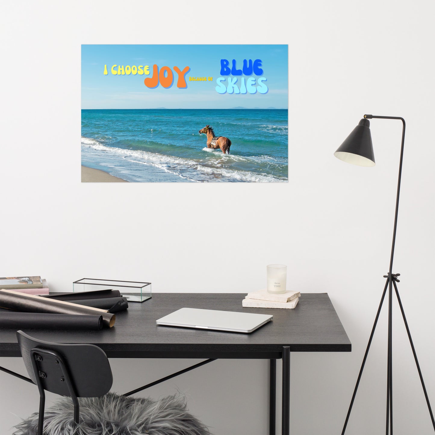 Buckskin Horse Poster — Ocean, Sky & "Choose Joy" Quote