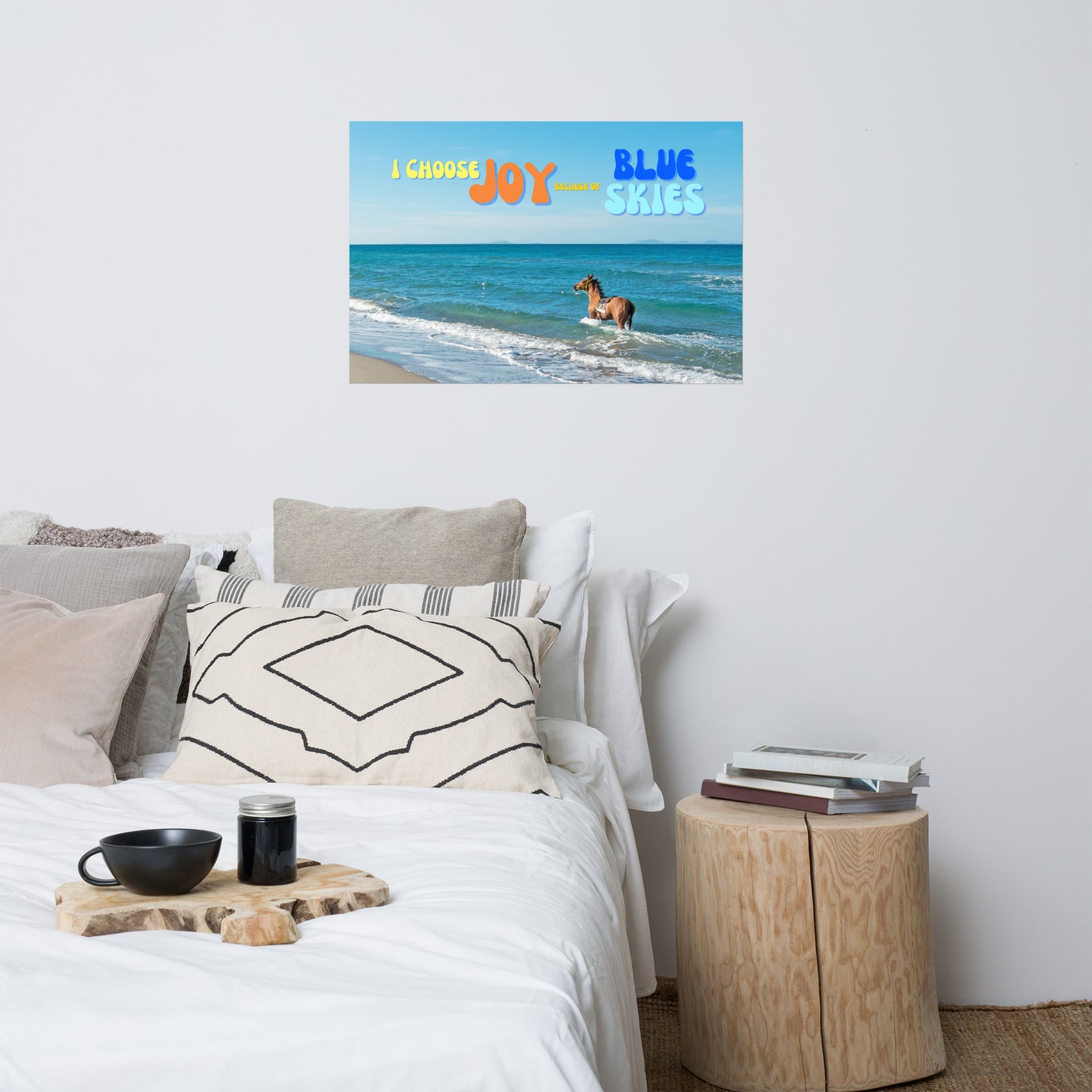 Buckskin Horse Poster — Ocean, Sky & "Choose Joy" Quote