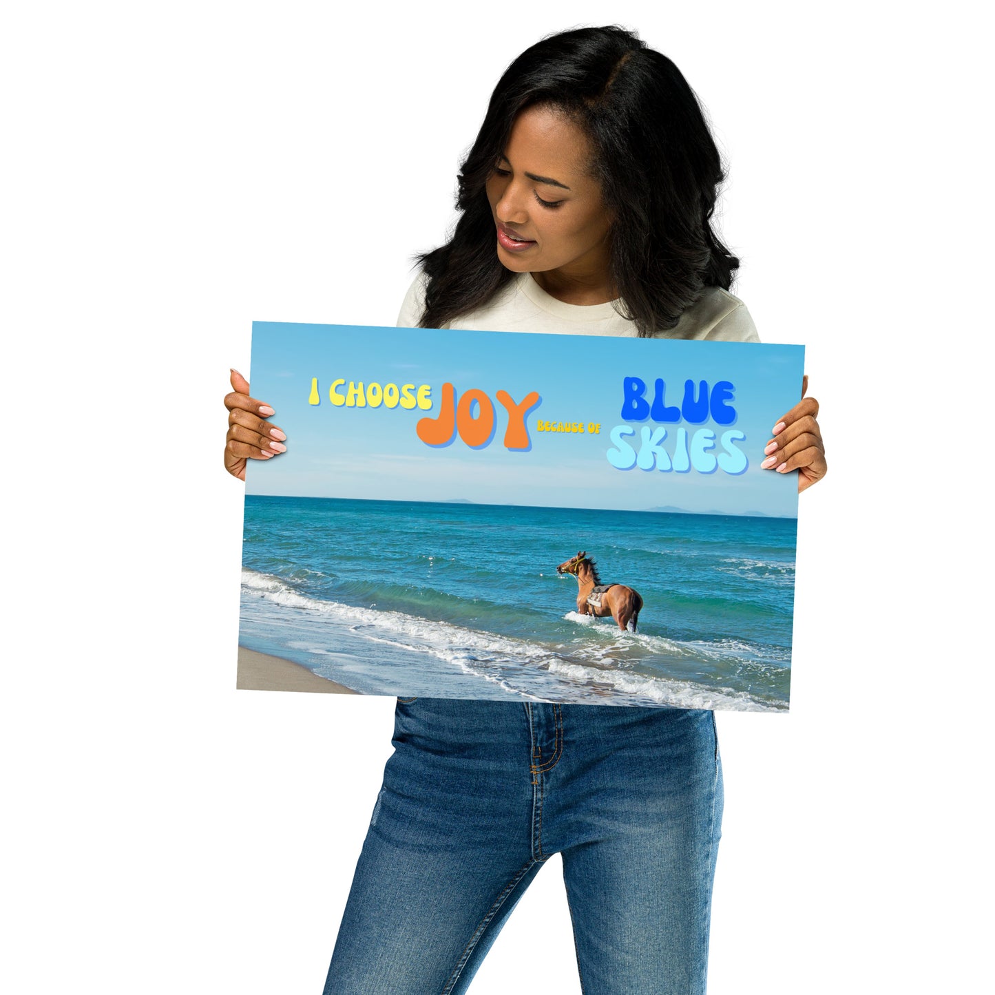 Buckskin Horse Poster — Ocean, Sky & "Choose Joy" Quote